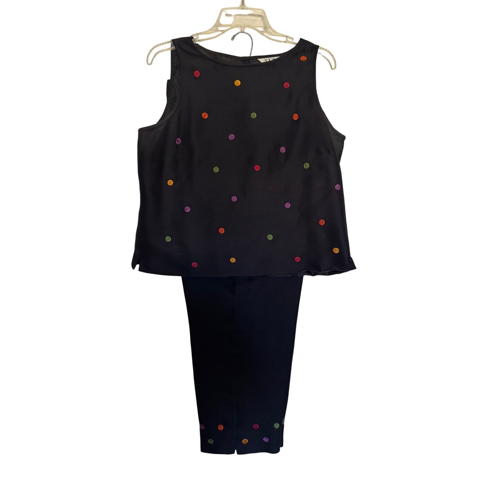 S.L.B. Vintage 100% Silk 2 Piece Pant Set Black Multi Color Polka Dot Size 10